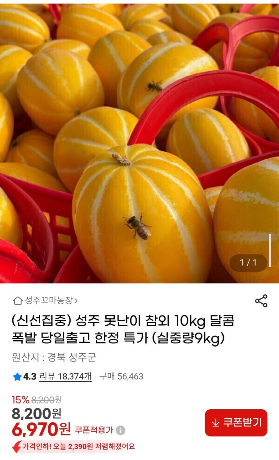 성주 못난이 참외 실중량 9kg (6,970원/무료)