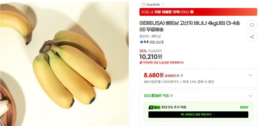 베트남 고산지 바나나 4kg내외 (10,210/무배)