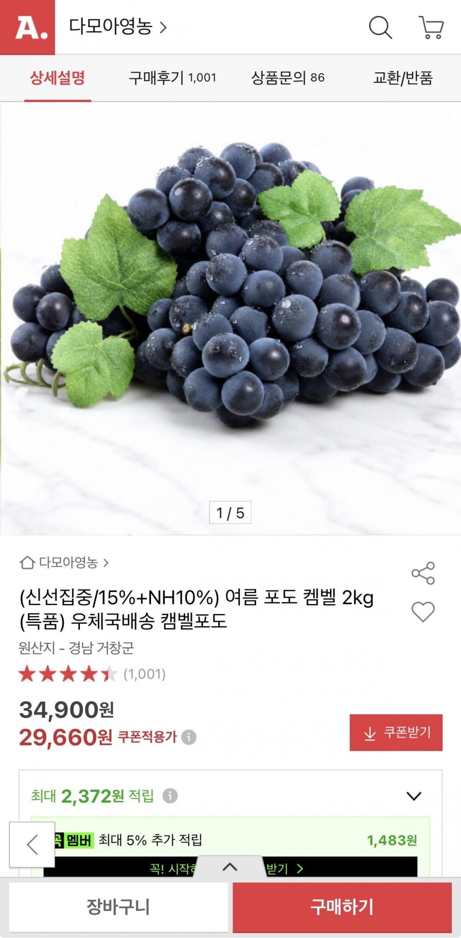 여름 포도 캠벨포도 2kg (29,660원/무료)