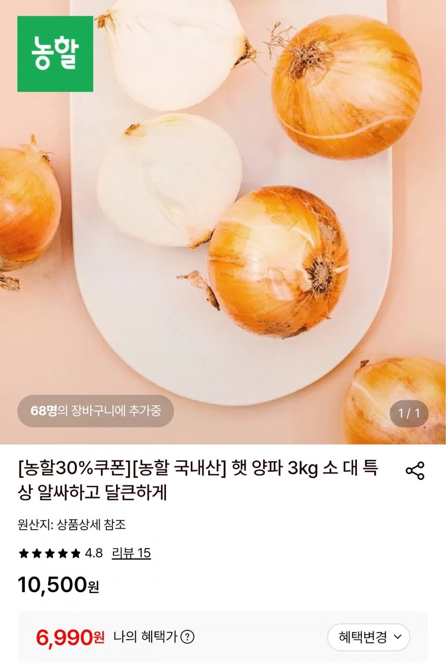 농할 햇 양파 소10kg (6,990원/무료)