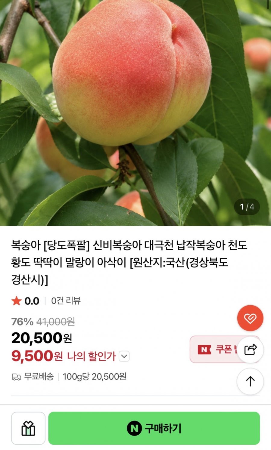 당도폭팔 대극천 복숭아 1KG 소과 (9,500원/무료)