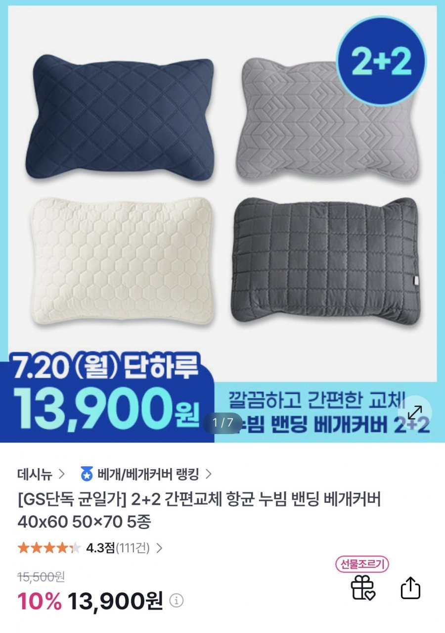 2+2 간편교체 항균 누빔 밴딩 베개커버 40x60 50x70 5종 (13,900원/무료)