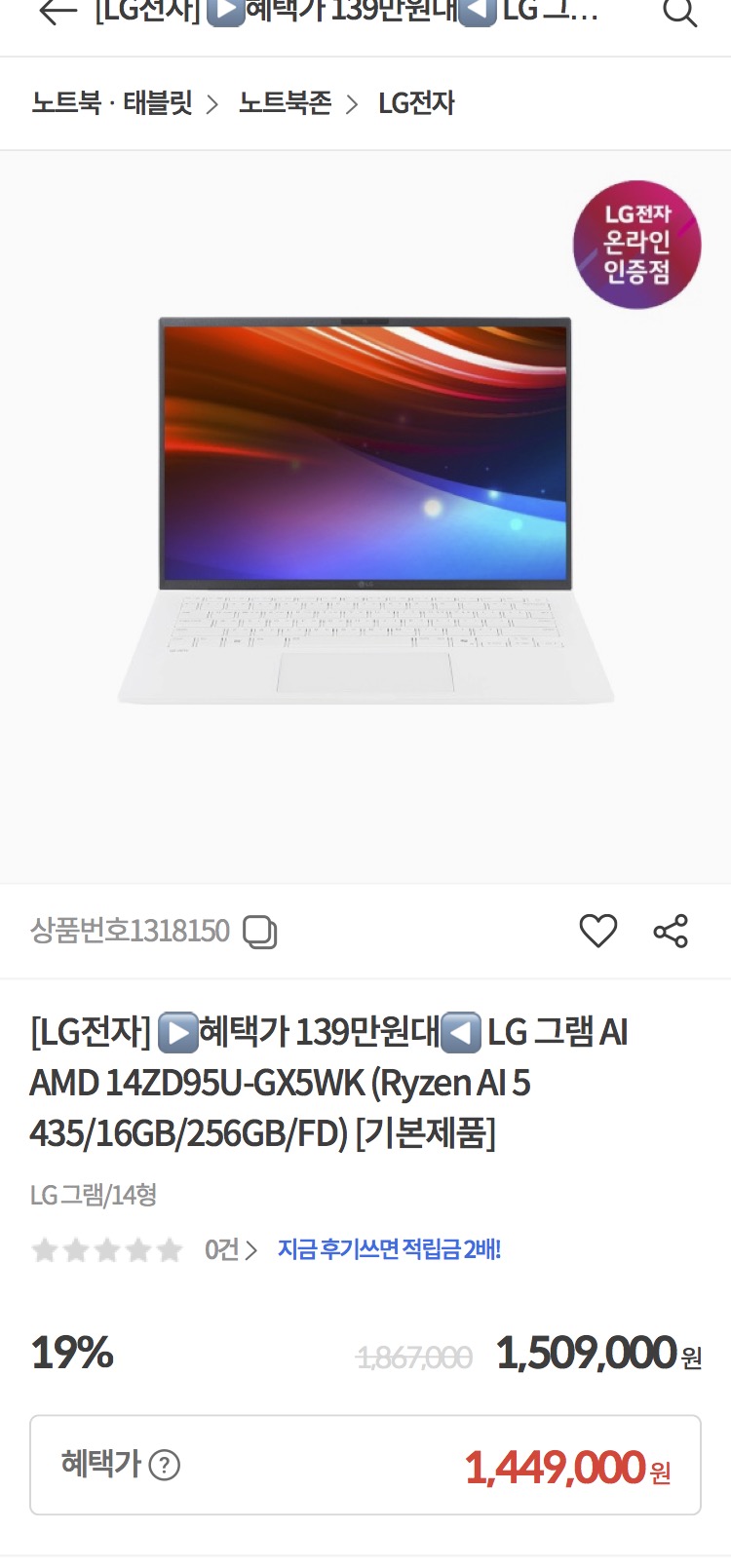 LG 그램 14ZD95U-GX5WK