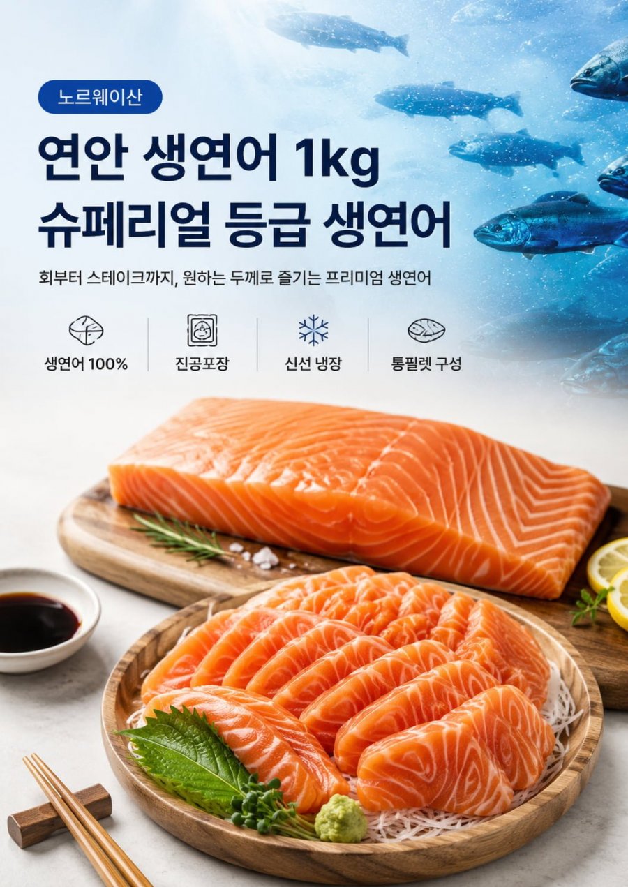 노르웨이 생연어회 몸뱃살 부위 순살 필렛 1kg (36,900/무베)