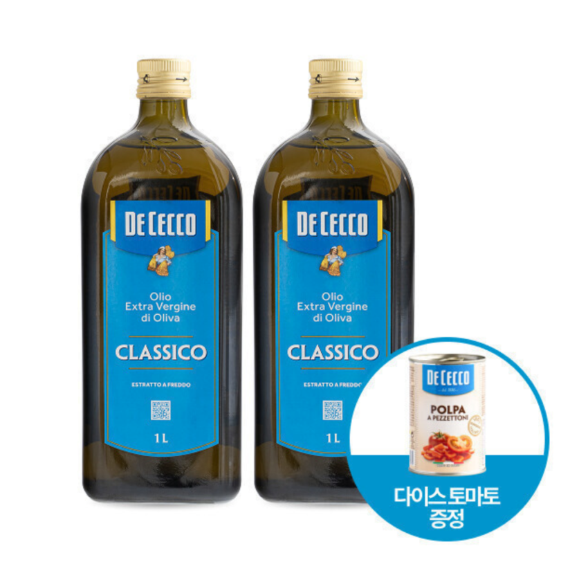 인기글) 데체코 엑스트라버진 올리브 오일 1L 2병 + 증정 데체코 다이스 토마토 400g 33,900원