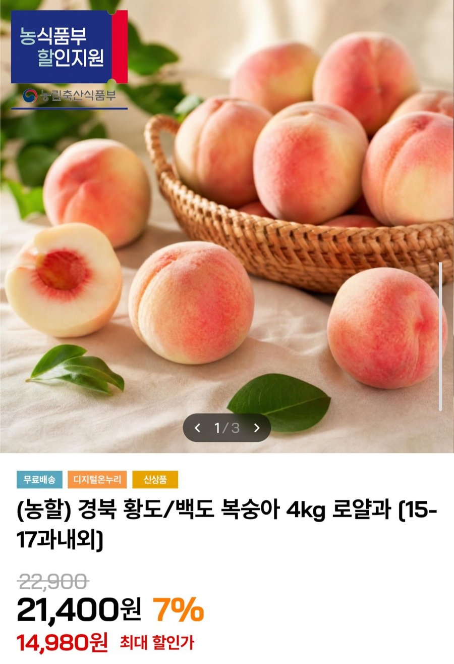 경북 황도/백도 복숭아 4kg 로얄과 (14,980원/무배)