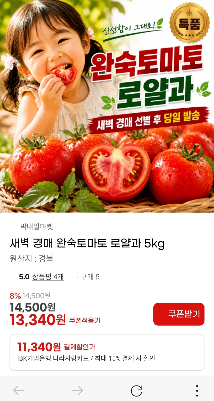 새벽 경매 특품 완숙 토마토 핫딜5kg (13,340/무배)