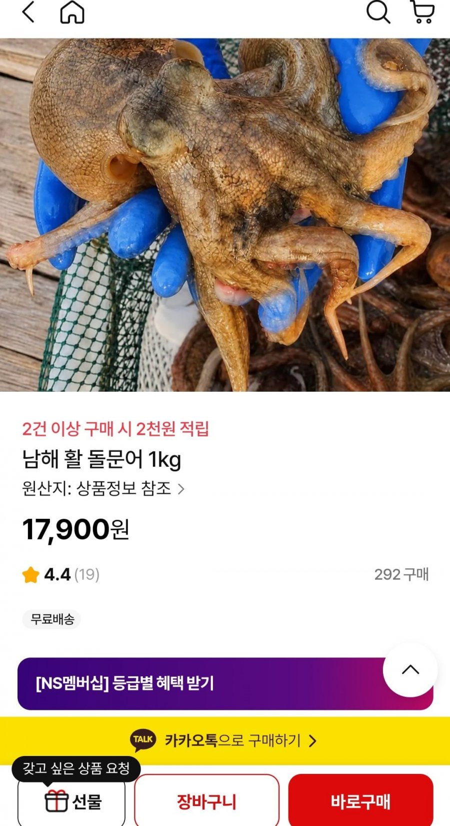 남해 활 돌문어 1kg (17,900원/무료)