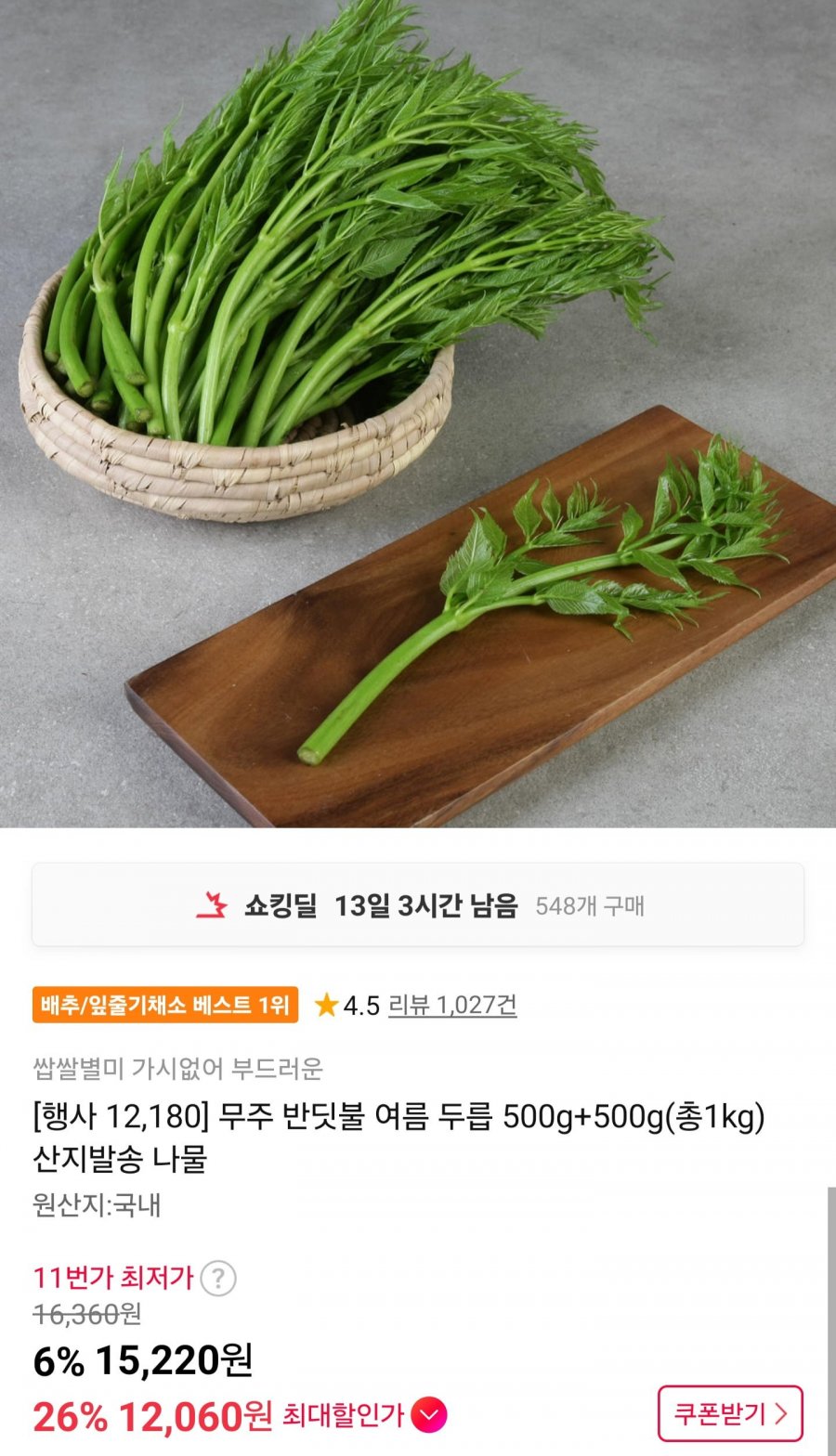 무주 반딧불 여름 두릅 500g+500g (12,060원/무료)