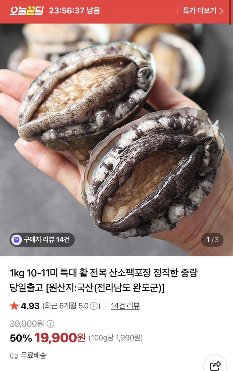 특대 활 전복 1kg 10-11미 (19,900원/무료)