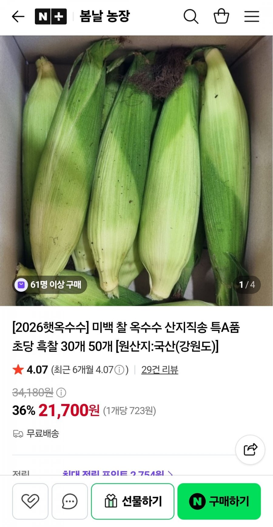 미백 찰 옥수수 산지직송 30개 (21,700원 / 무배)
