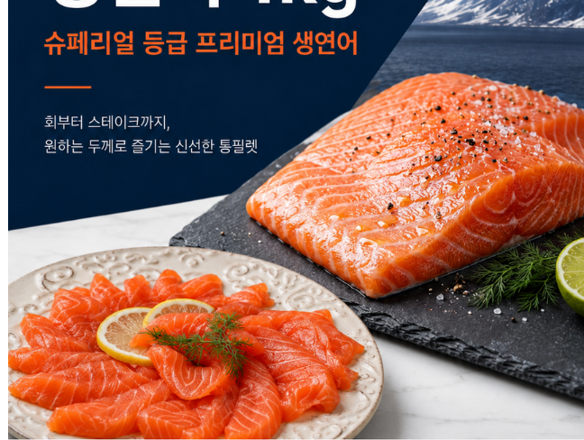 노르웨이 생연어회 몸뱃살 부위 순살 필렛 1kg (36,810/무배)