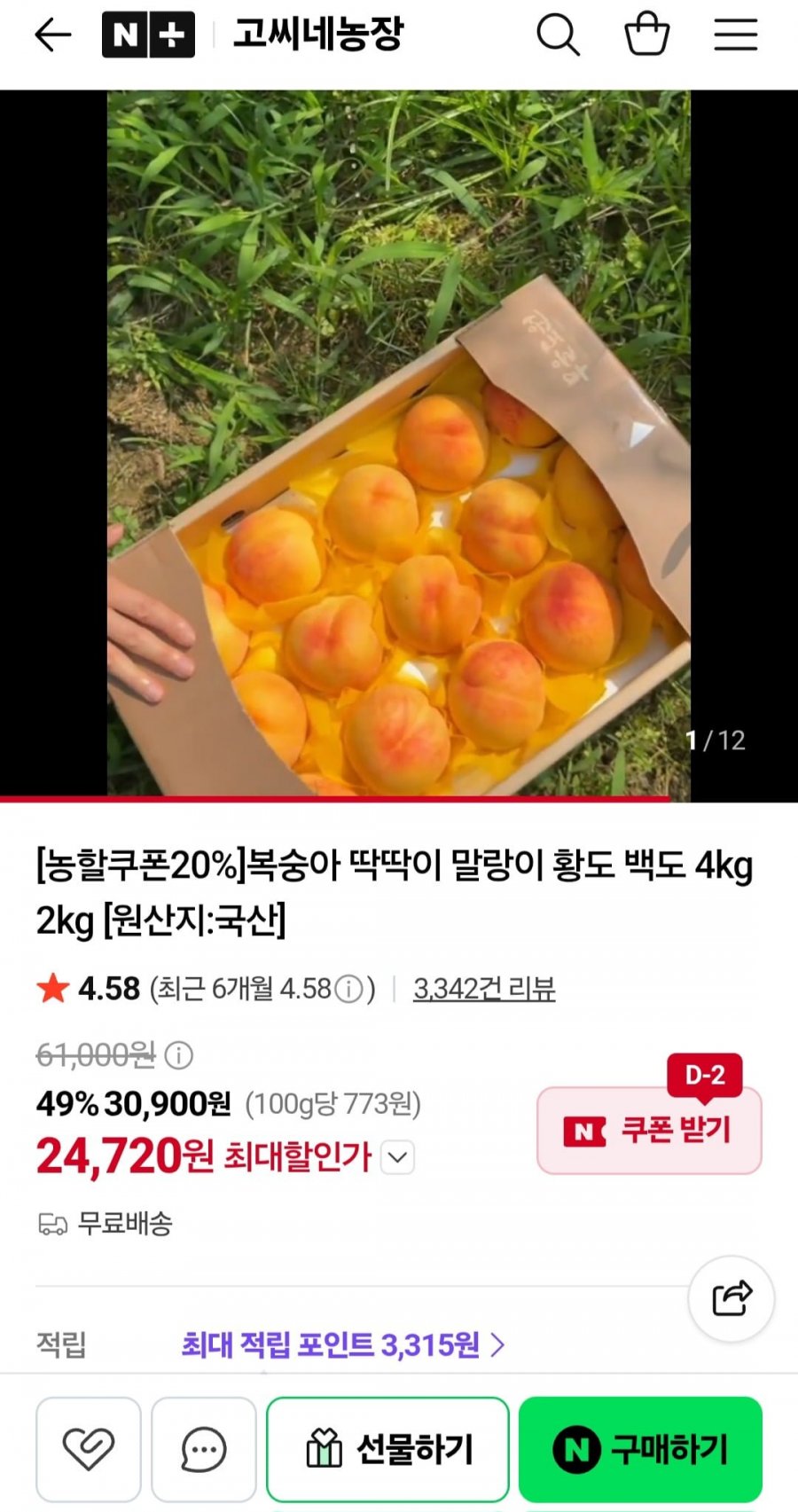 백도 딱딱이 복숭아 4kg 12~14과 대과 (24,720원/무료배송)