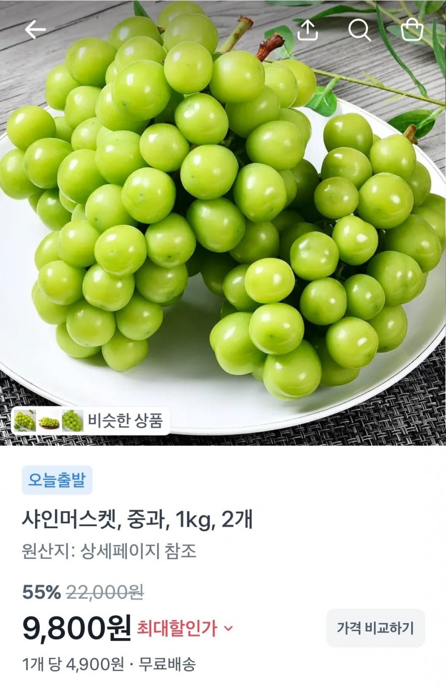 샤인머스켓 중과 1kg 2개 (9,800원 /무료)