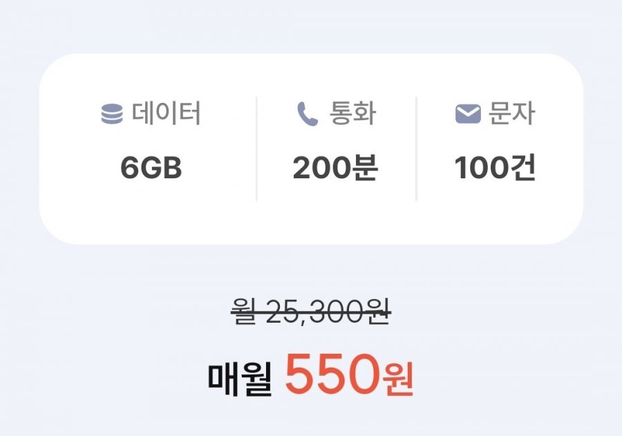 SKT망. 통화 200분, 데이터 6GB(550원/평생)