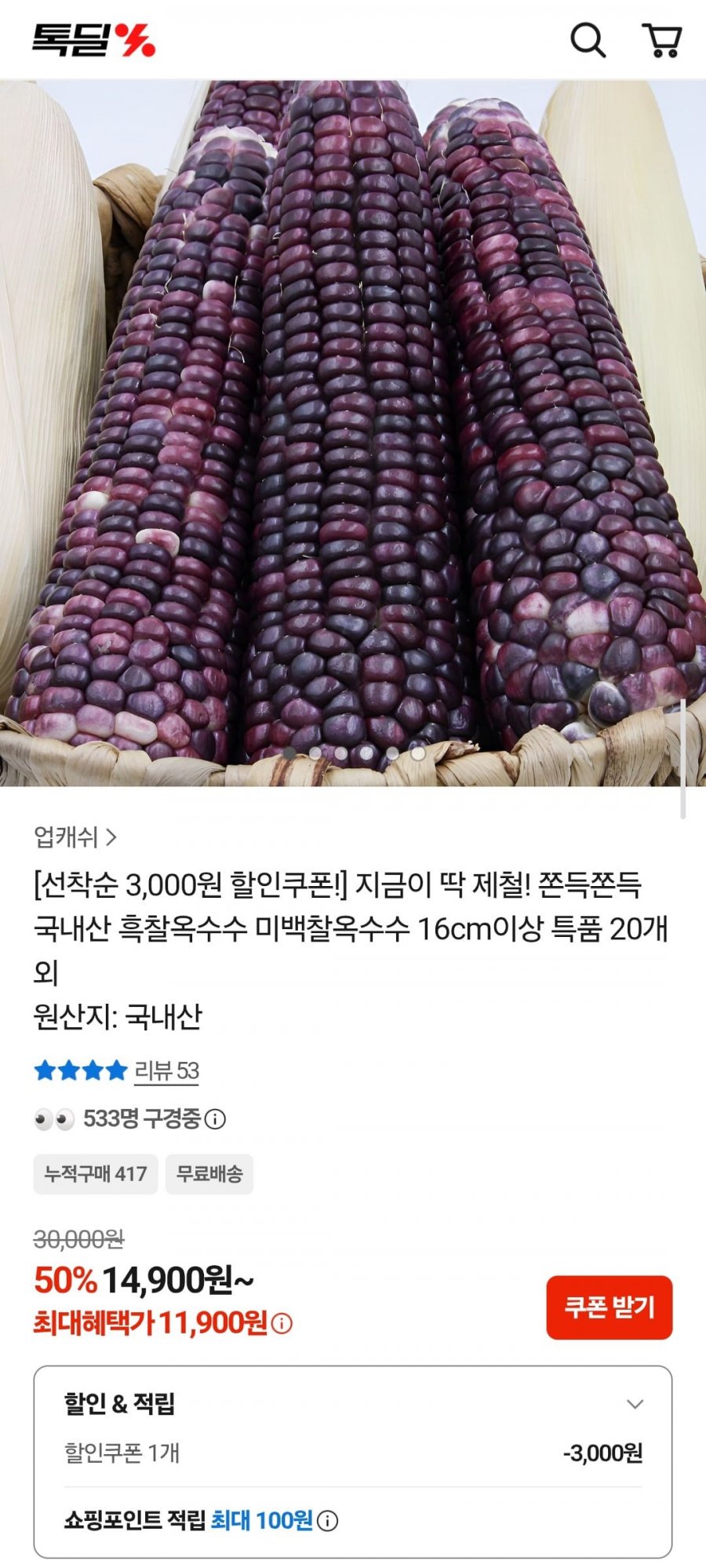 국내산 흑찰옥수수 16cm이상 특품 20개 (11,900원/무배)