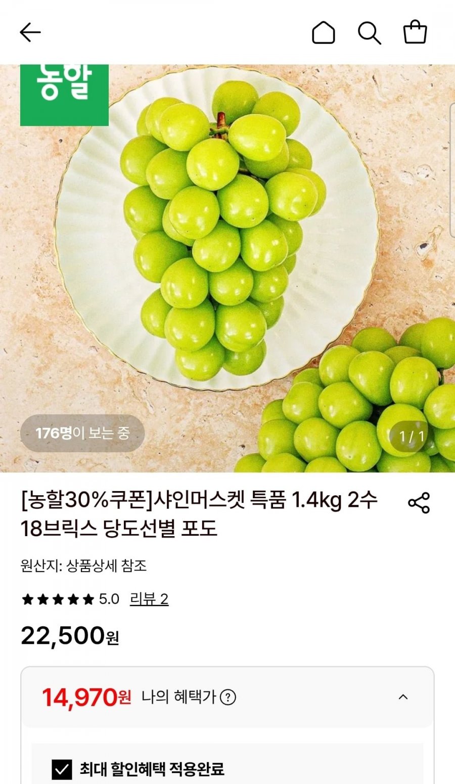 샤인머스켓 특품 1.4kg 2수 (14,970원/무료)