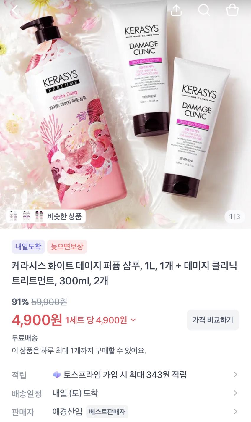 케라시스 샴푸 1L 1개 + 트리트먼트 300ml 2개 4,900원