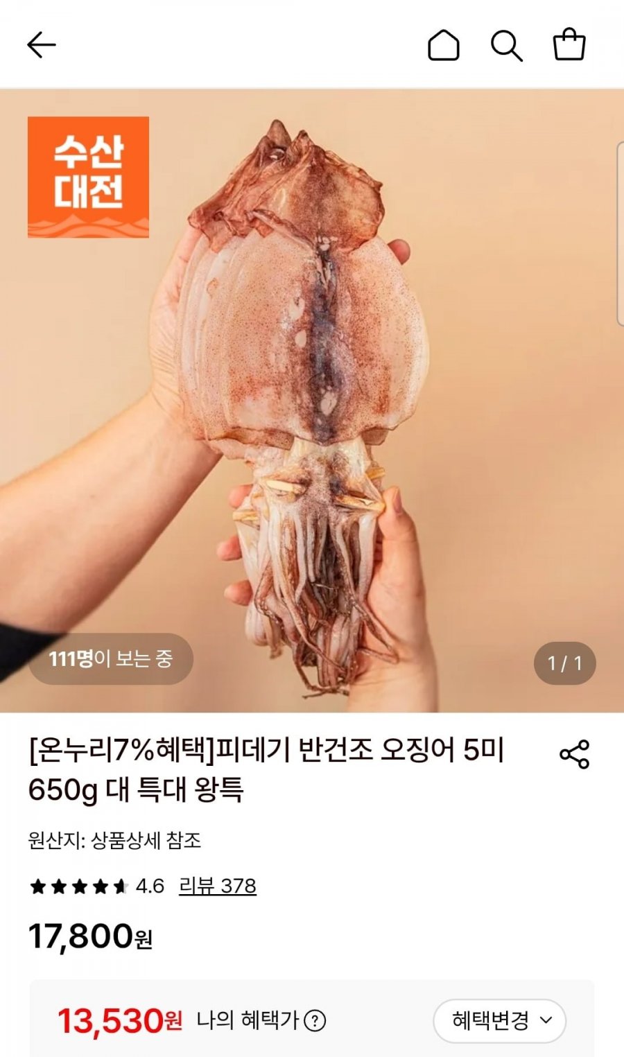 피데기 원양산 반건조 오징어 5미 550g 내외 (13,530원/무료)