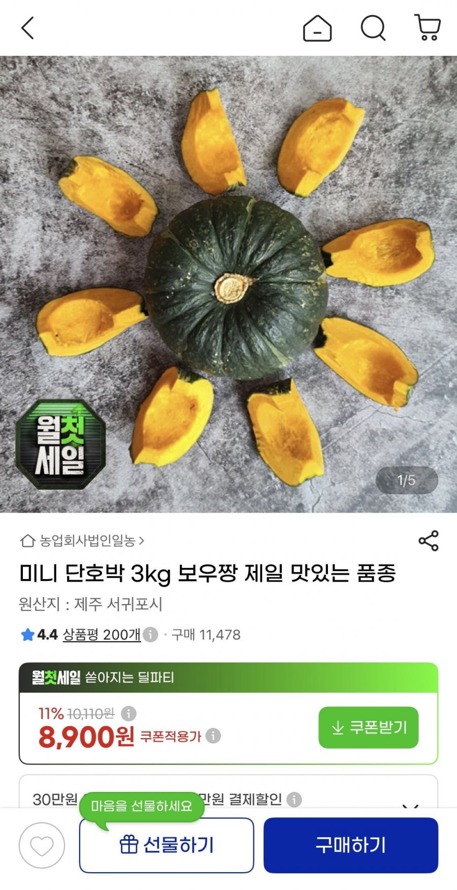 제주 미니 단호박 보우짱 3kg (8,900원/무료)