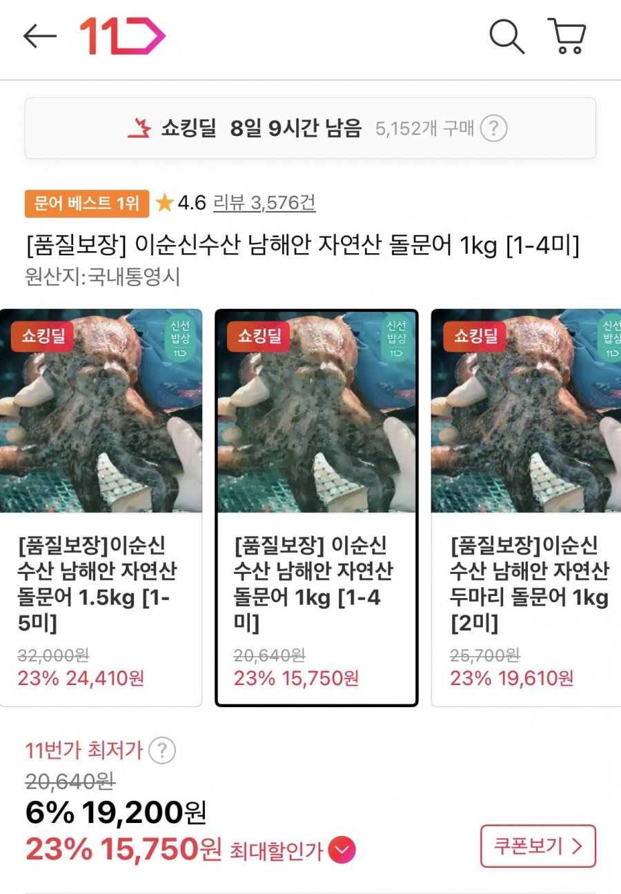 이순신수산 남해안 자연산 돌문어 1kg(1-4미) (카카오15,750원/무료)