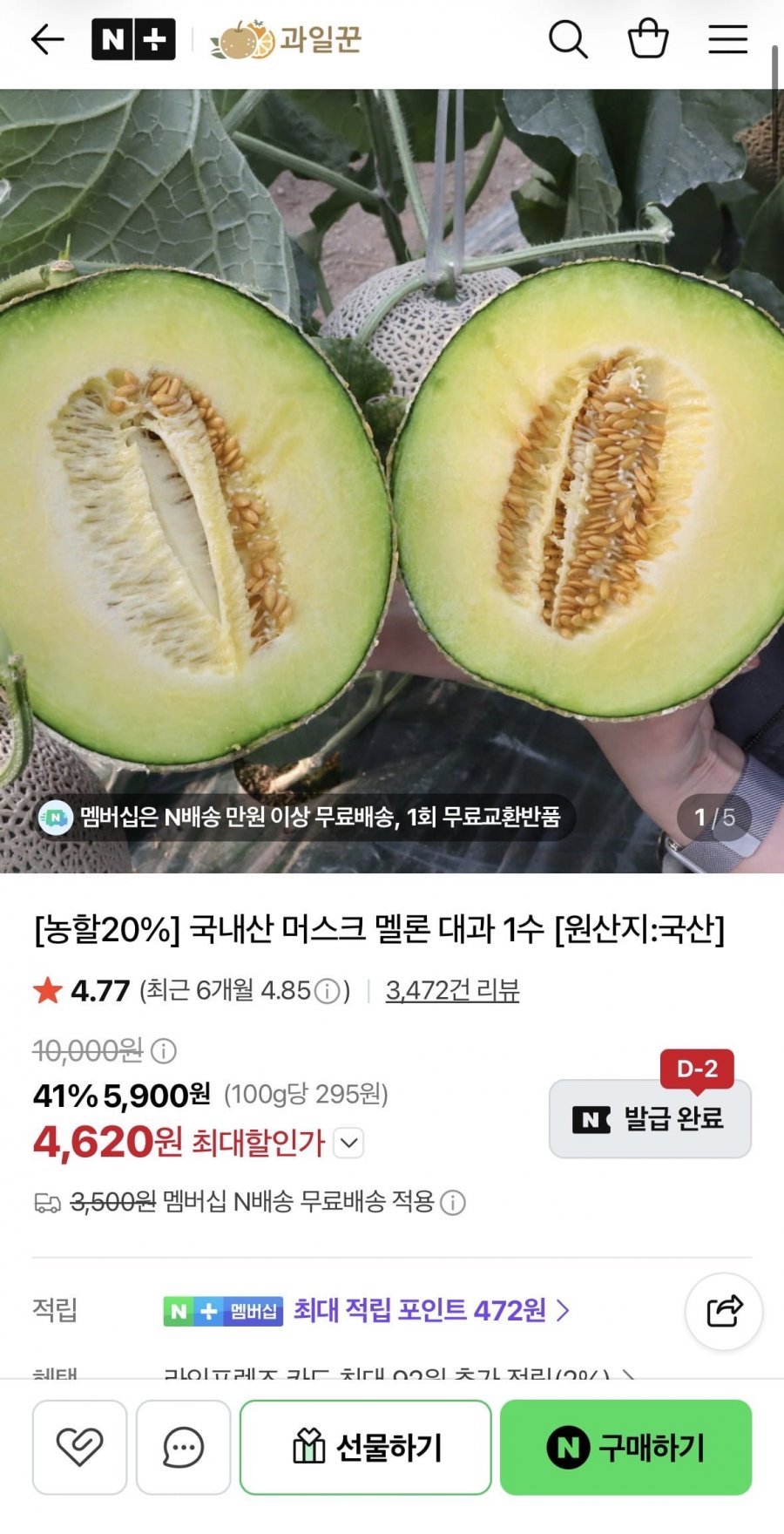 국내산 머스크 멜론 대과 1수 2kg 이싱 (4,620원/네멤무료)
