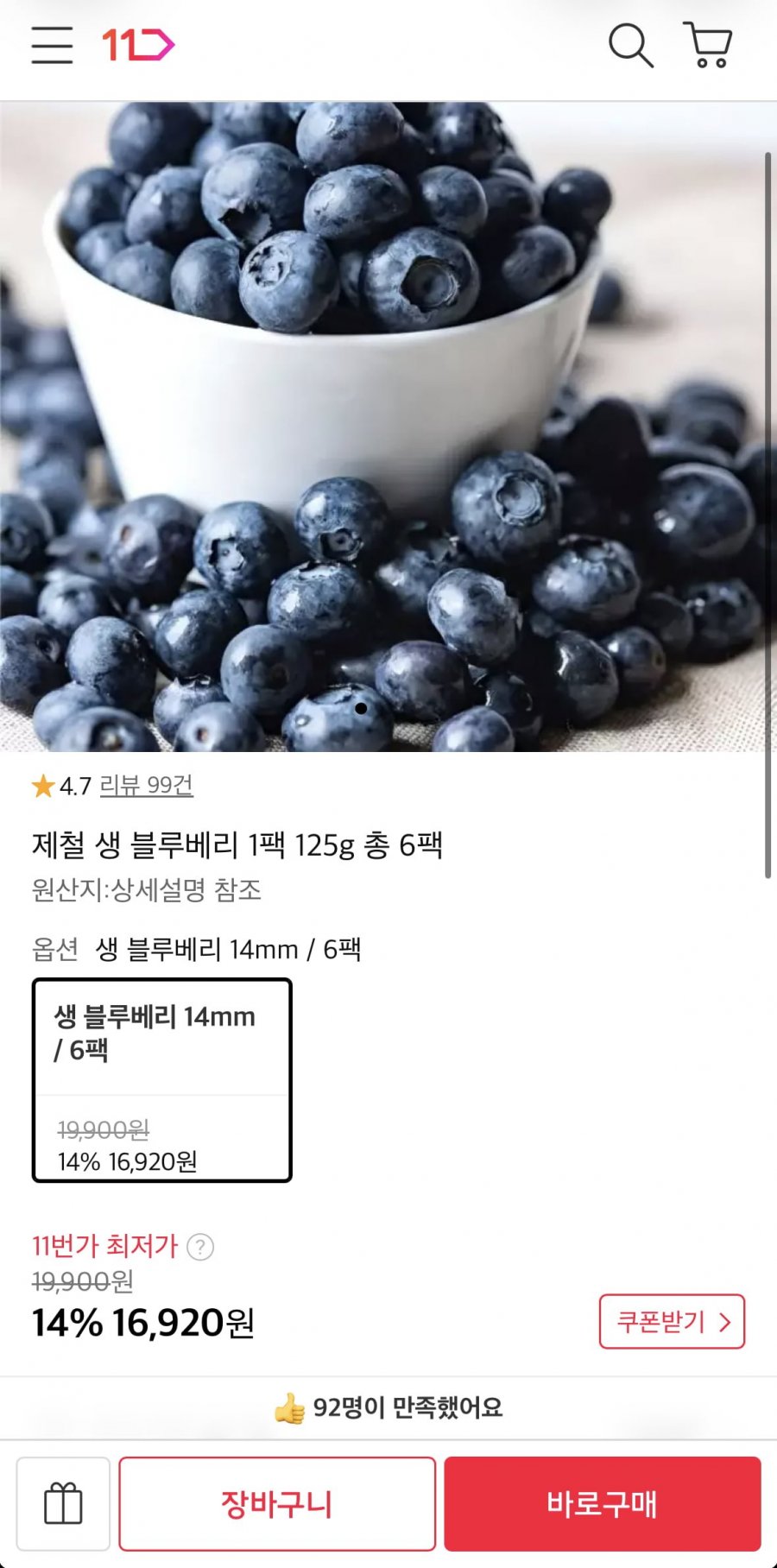 생 블루베리 125g 6팩 (16,920원/무료)