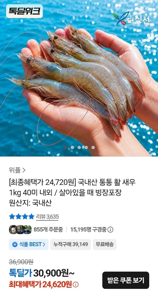 국내산 활새우 1kg 40미 내외 (24,620원/무료)