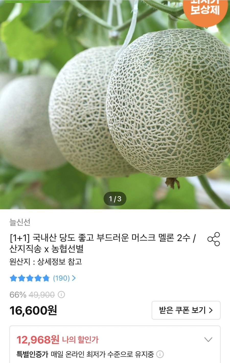 1+1 국내산 농협 머스크멜론 2수 (12,968원/무료)