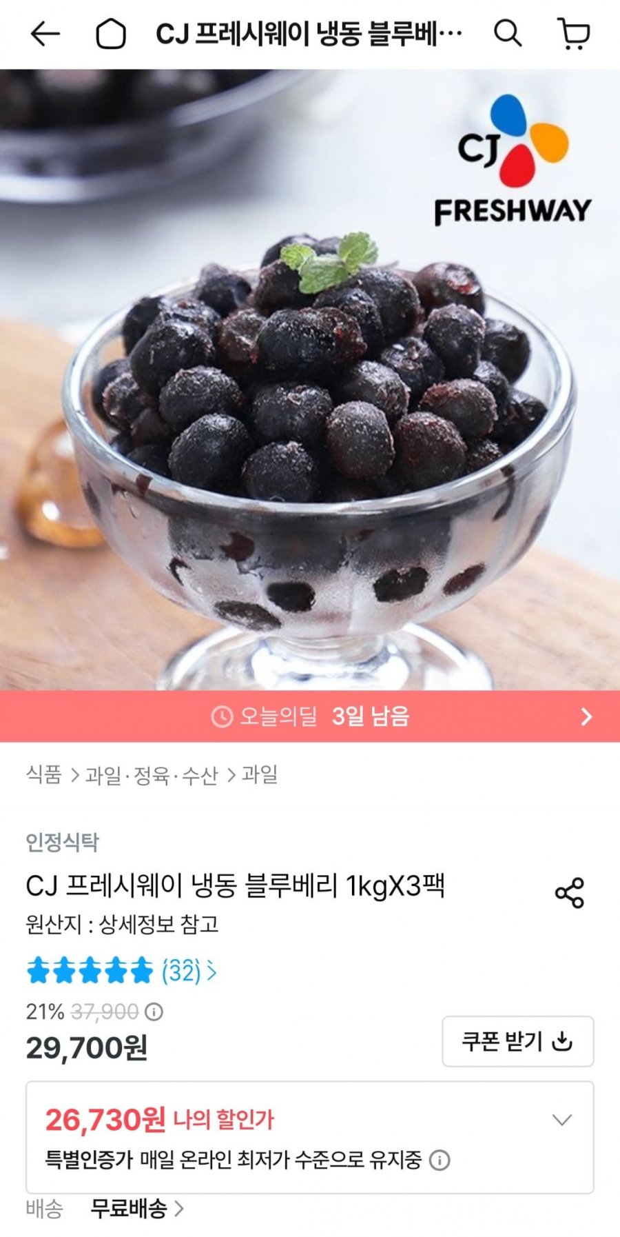 CJ프레시웨이 냉동 블루베리 1kgX3팩 (26,730원/무배)