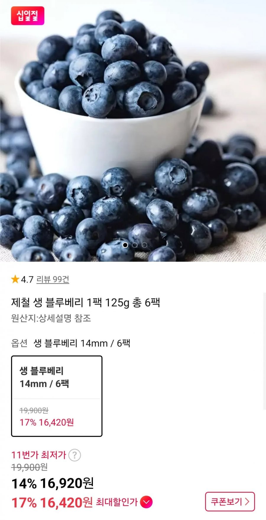 제철 생 블루베리 1팩 125g 총 6팩 (16,920원/무료)