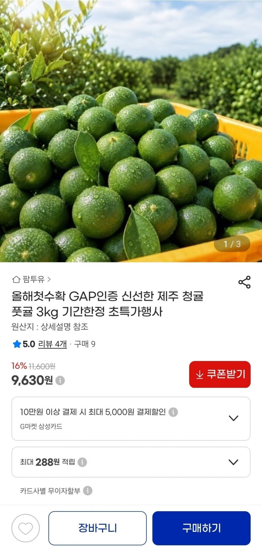 GAP인증 제주 청귤 3kg (9,630원/무료)