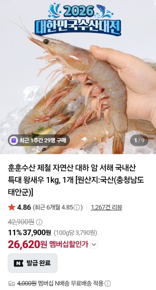 서해 급냉 자연산 암대하 1kg 15미내외 (26,620원/네멤무료)