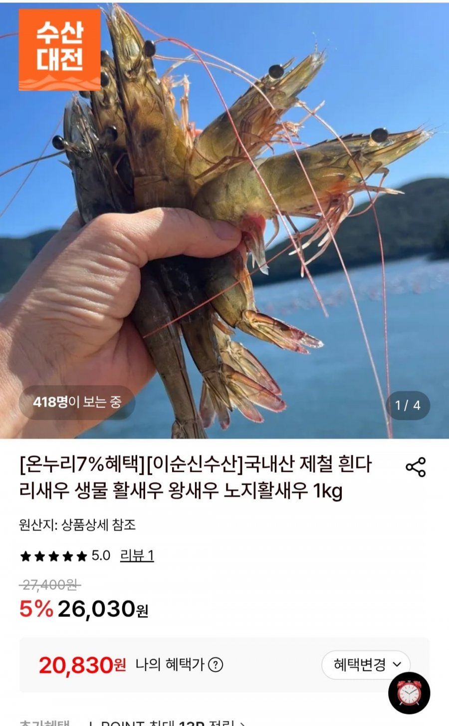 국산 생물 노지활새우 대 1kg 31미내외 (20,830원/무료)
