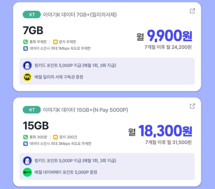 7기가7개월 9900원 밀리+링키드(ai,ott공유)쿠폰