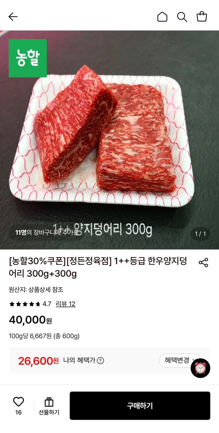 1++등급 한우양지덩어리 300g+300g (26,600원/무료)