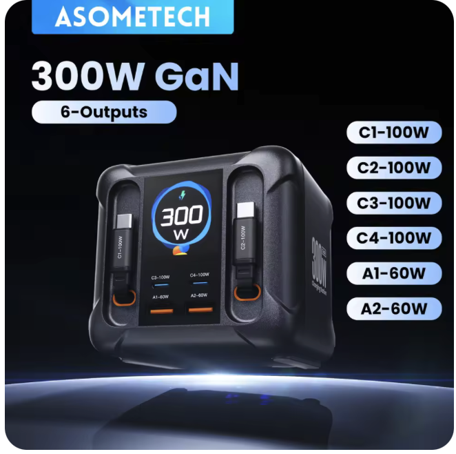 ASOMETECH 300W GaN 디스플레이 내장케이블 충전기 $28.66 (한국형케이블)