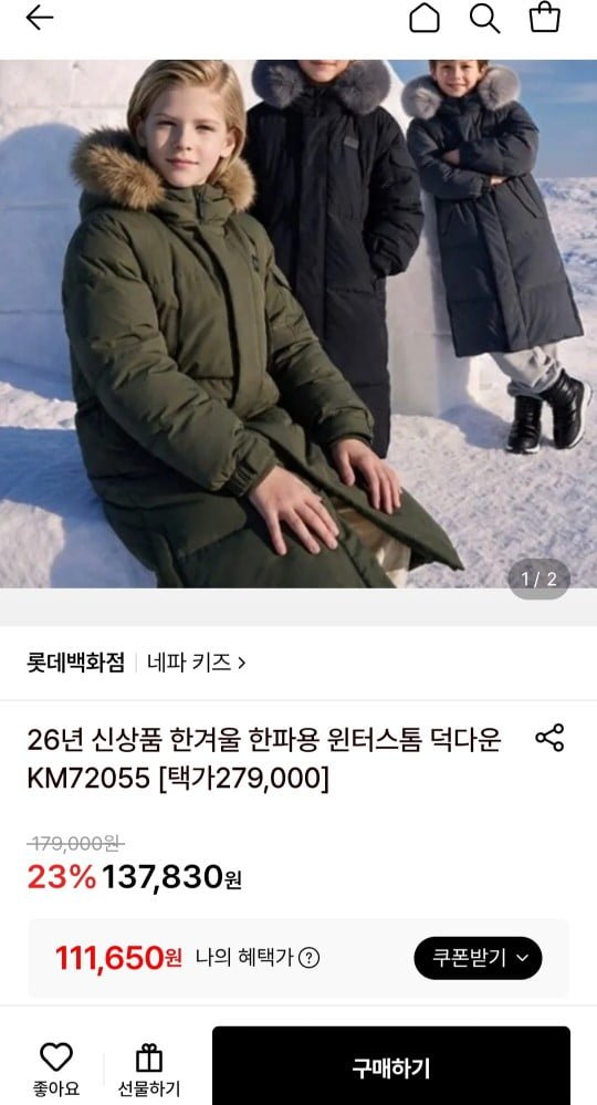 네파키즈 한겨울 윈터스톰 덕다운 (111,650원/무료)