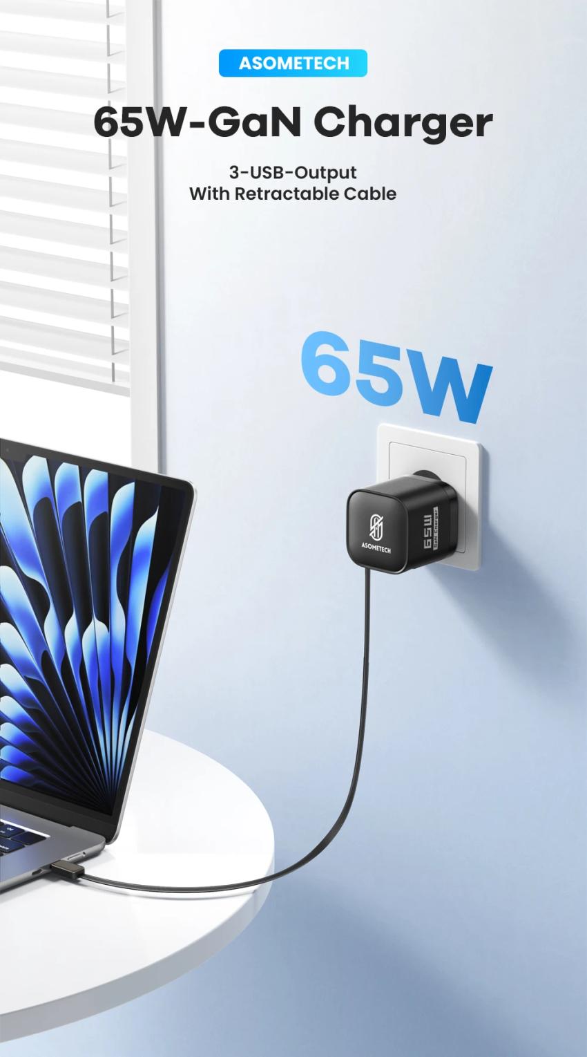 ASOMETECH 65W GaN 내장케이블 충전기 $9.73