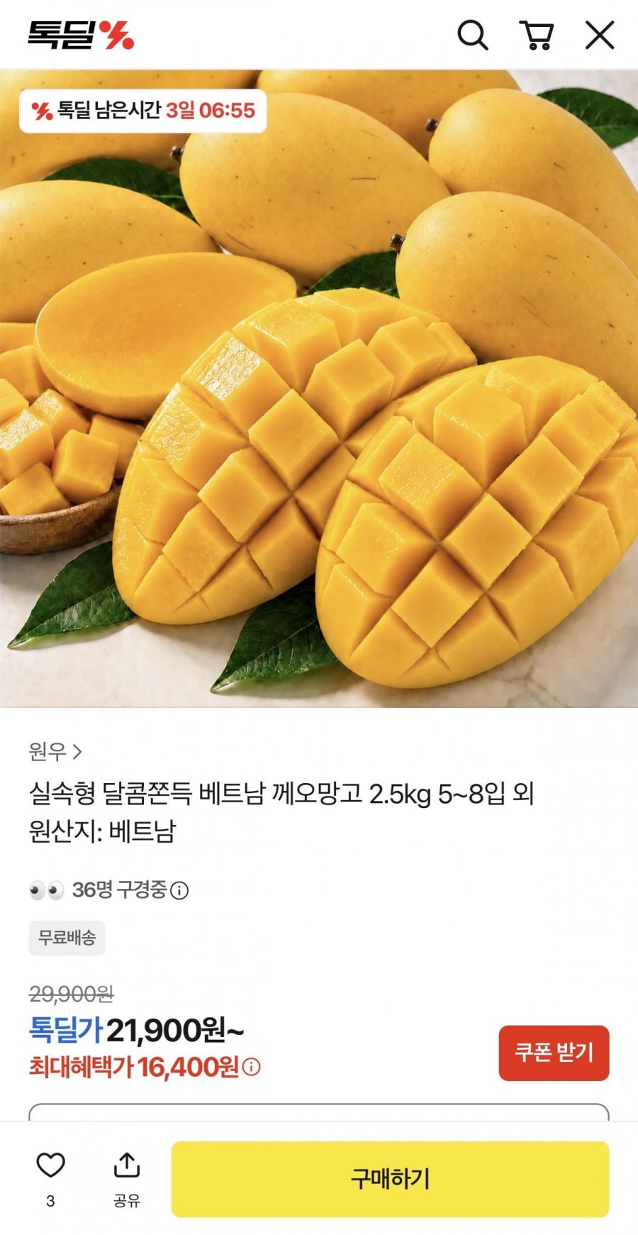 실속형 베트남 께오망고 2.5kg 5~8입 (21,900원/무배)