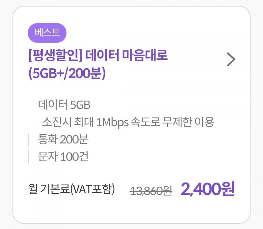 통화 200분, 데이터 5GB+1mbps(2,400원/평생)