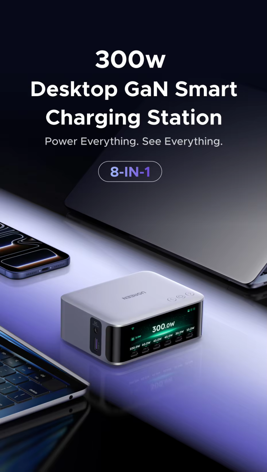 UGREEN 300W GaN 스마트 디스플레이 충전기 스테이션 7in1 (코인 $104.55)