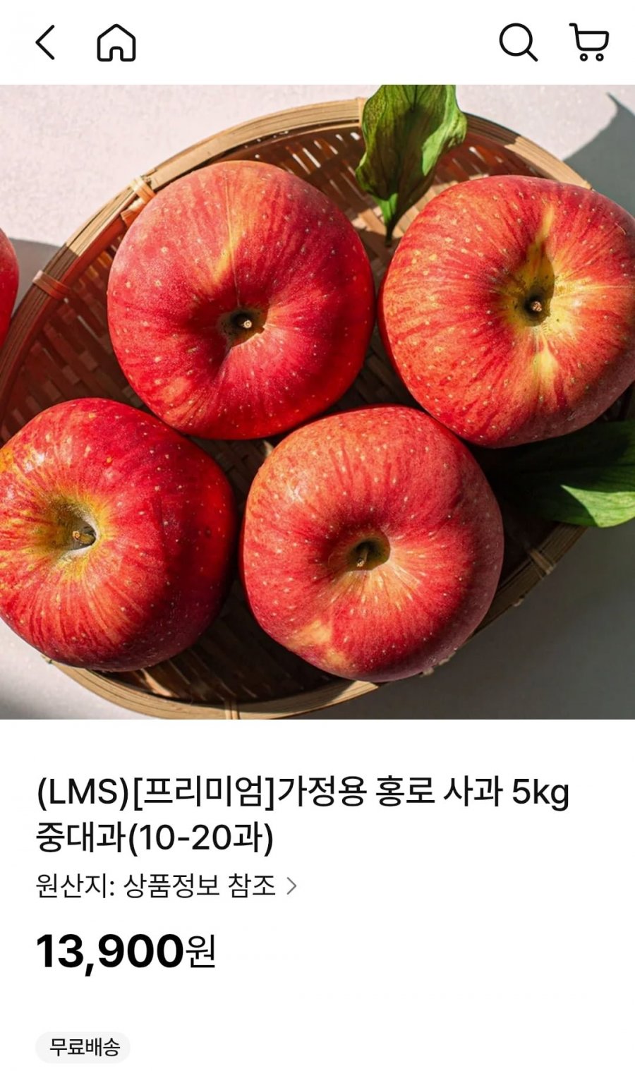 가정용 홍로 사과 5kg 중대과(10-20과) (13,900원/무료)