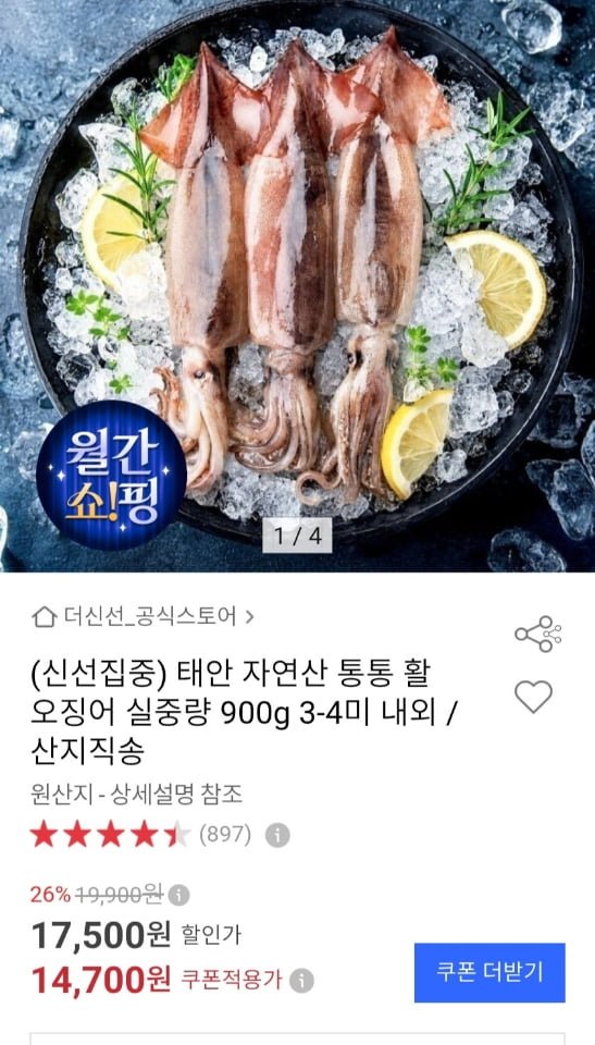 태안 자연산 활 오징어 실중량 900g 3-4미 내외 (14,700원/무료)