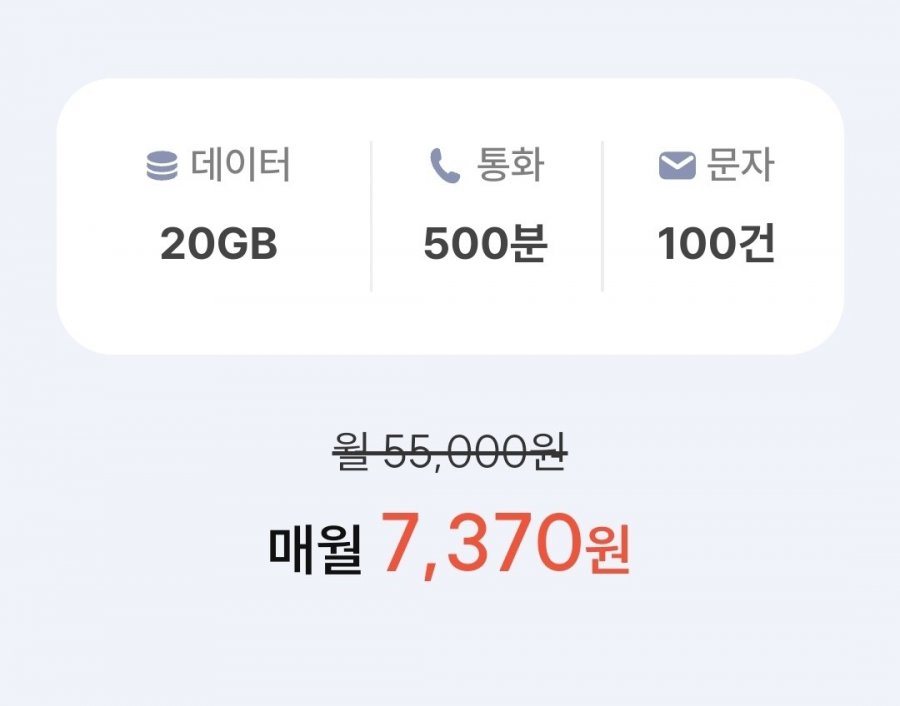 SKT망 통화 500분, 데이터 20GB(7,370원/평생)