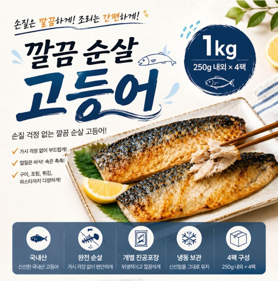 햇썹 깔끔 순살 고등어 250g외 4팩 8조각 1kg (16,710원/무료배송)