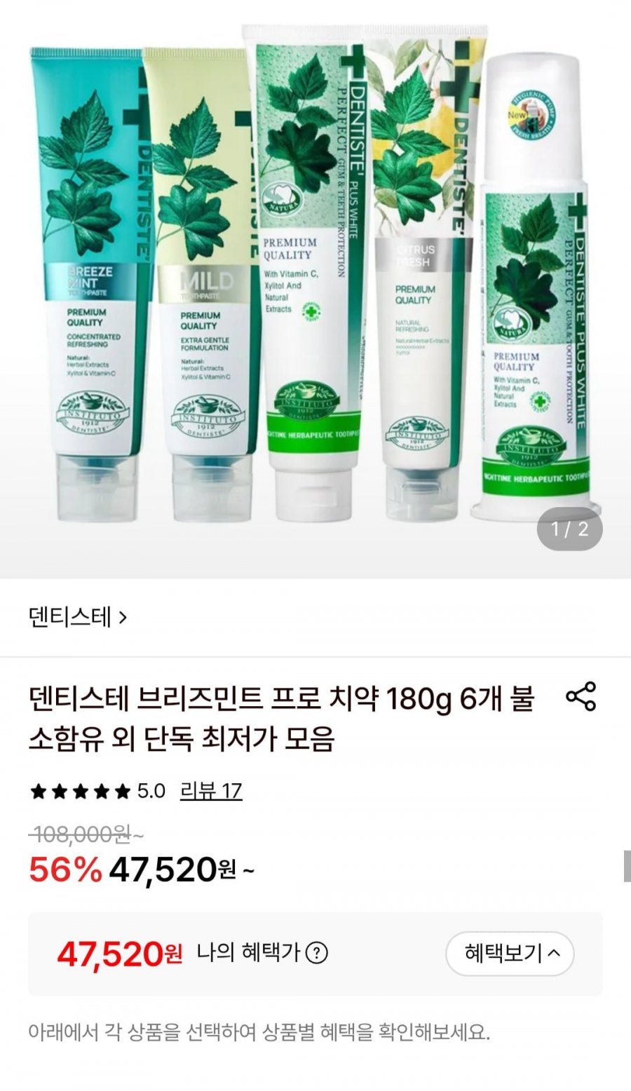 덴티스테 브리즈민트 프로 치약 180g 5개+슬림핏 칫솔 (47,520원/무료)