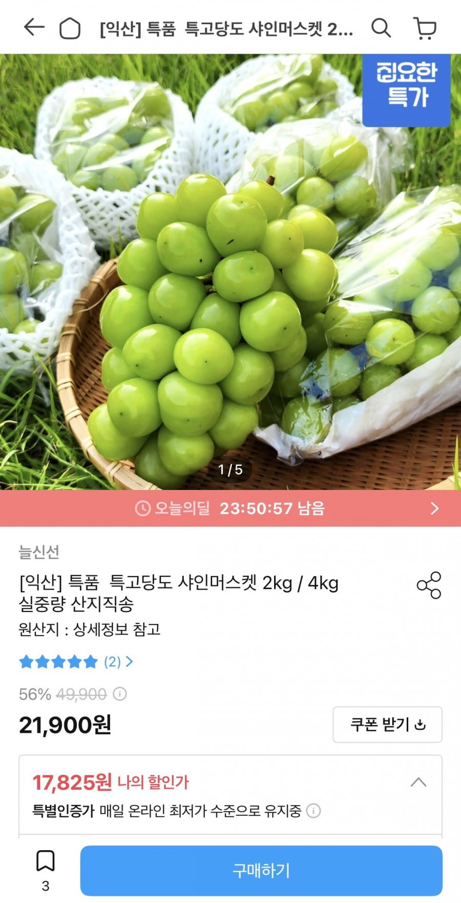 농협 특품 샤인머스캣 2kg 3~4수 (17,825원/무료)