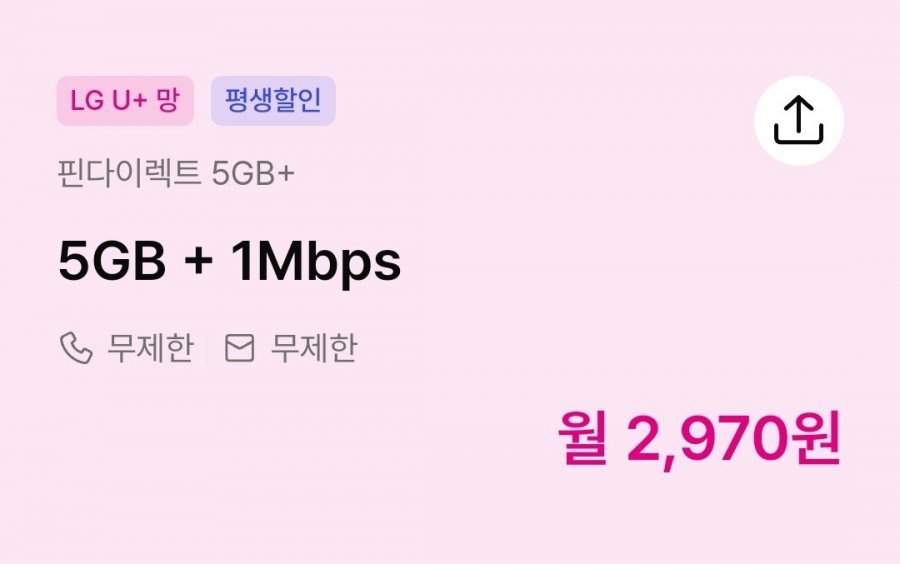통화 무제한, 데이터 5GB+1Mbps(2,970원/평생)