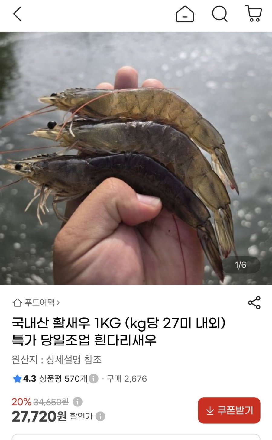 국내산 활새우 1KG (kg당 27미 내외) (27,720원/무배)